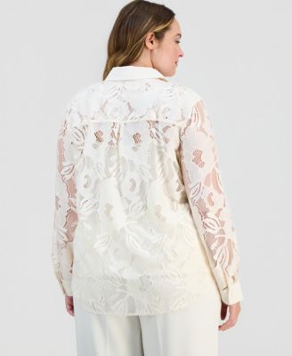 Plus Size Blossom Lace Button-Down Blouse