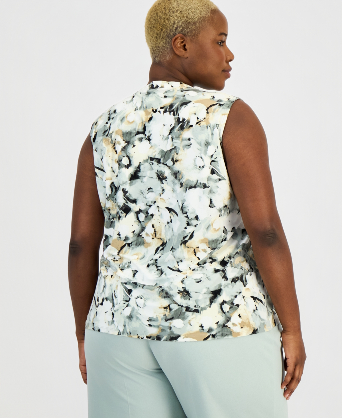 Anne Klein Plus Size Pleated V-Neck Sleeveless Knit Top