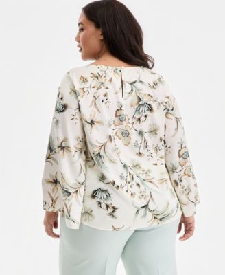 Plus Size Printed Keyhole-Neck Bell-Sleeve Top