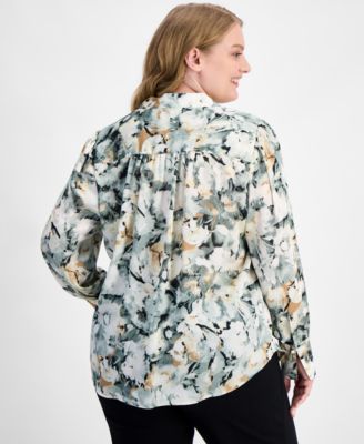 Plus Size Printed V-Neck Long-Sleeve Blouse 