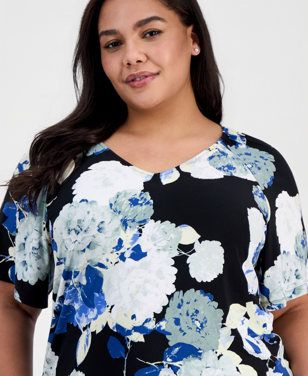 Ak Anne Klein Plus Printed V-Neck Flutter-Sleeve Top