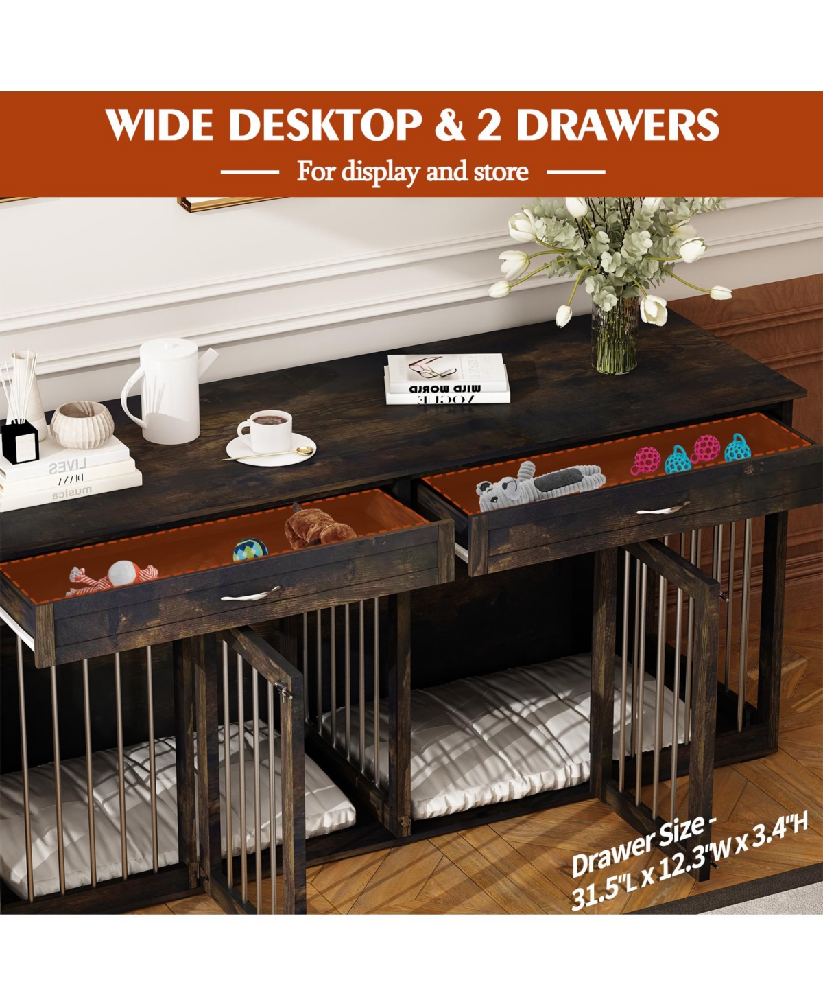 Homsee Furniture Style Dog Crates Large Wooden Pet Kennels with 2 Drawers