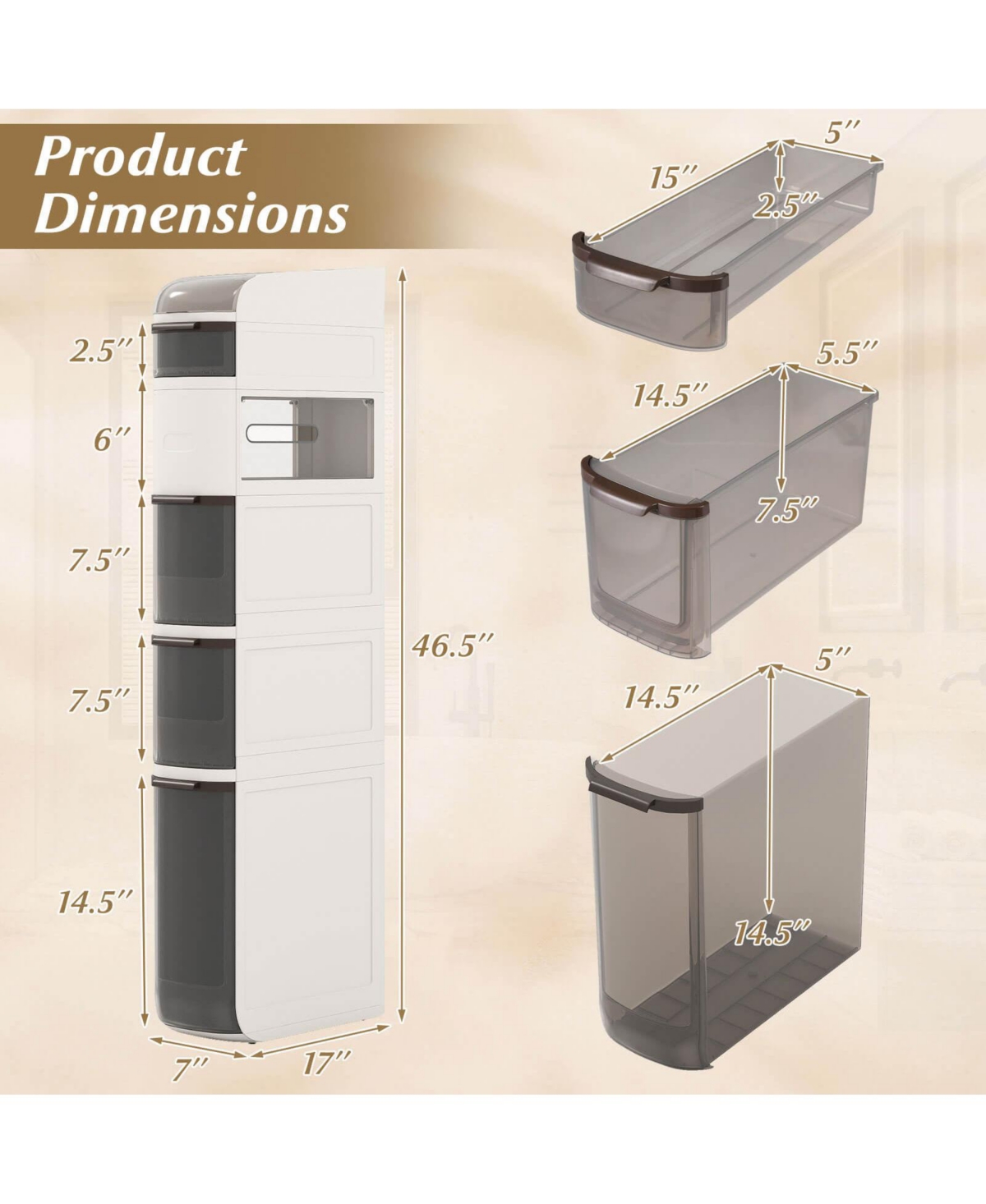 Costway -Tier Narrow Bathroom Storage Cabinet with Drawers Tissue Box Wheels for Kitchen