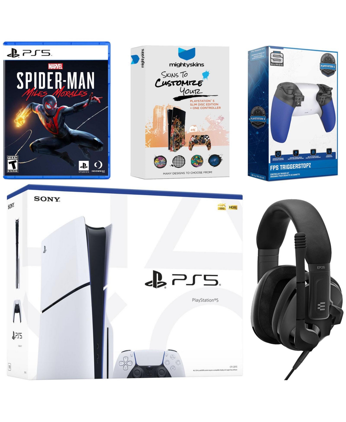 Sony PlayStation 5 Slim Disc Bundle with Spider-Man: Miles Morales, Epos Headset, Trigger Kit and MightySkins Code