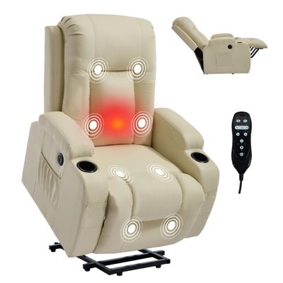 PU Power Lift Recliner with 8-Point Massage, Lumbar Heat, USB Port, Cup Holders and 350 lb Capacity