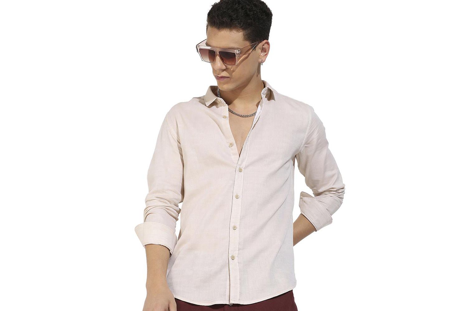 Men's Beige Basic Oxford Shirt