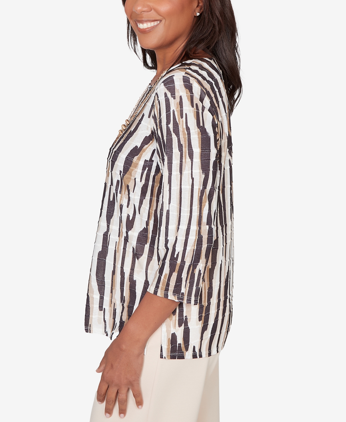 Alfred Dunner Women's Seville Animal Print Pleated Top with Necklace