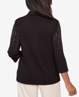 Petite Seville Heat Set Embellished Zip Mock Neck Top
