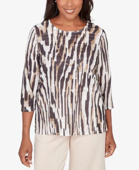 Petite Seville Animal Print Pleated Top with Necklace - Neutral Multi