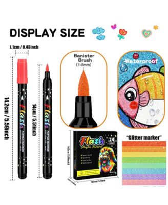 24 Colors Glitter markers, Soft-Tipped Drawing Pens, Quick-Drying and Colorfast for Rock Painting, Canvas, Fabric & Creative Crafts