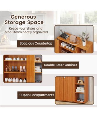3-Tier Wooden Shoe Storage Organizer with Doors & 3-Level Adjustable Open Shelves