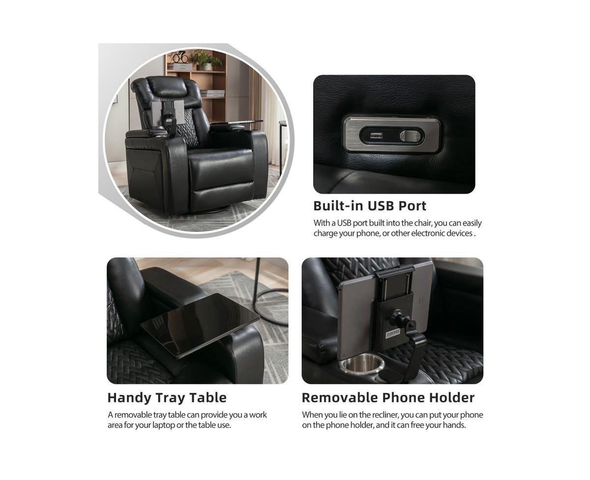 270 Degree Swivel Home Theater Recliner with Tray Table Phone Holder Cup and Usb Port