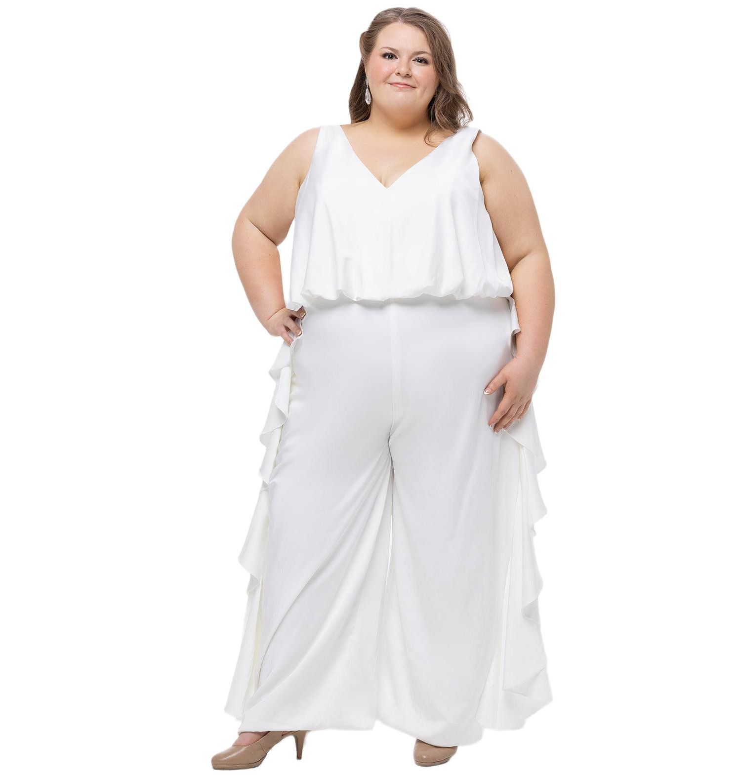Women's V-Neck Stretch Satin Jumpsuit with Ruffles