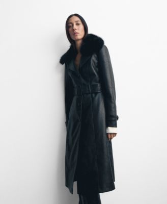 MANGO - Women's Fur Collar Leather-Effect Coat