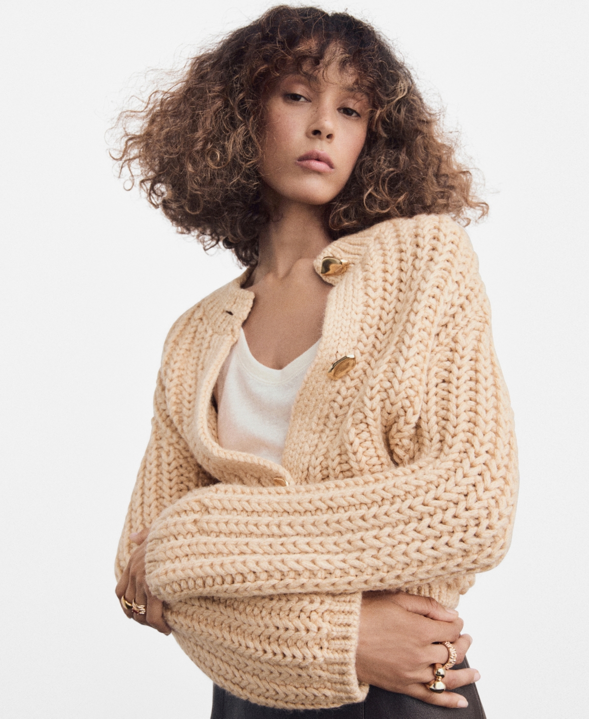 Mango Women's Jewel Buttons Chunky-knit Cardigan In Sand