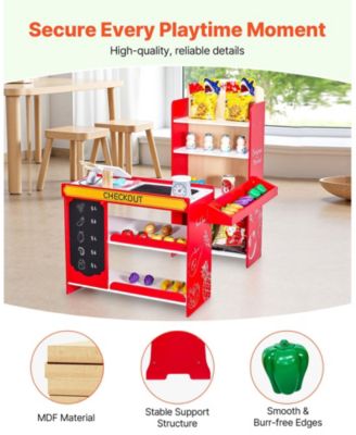 Kids Grocery Store Playset, Wooden Store with Bag, Conveyor Belt, Scanner, Cash Register & Scale, Pretend Supermarket Toy