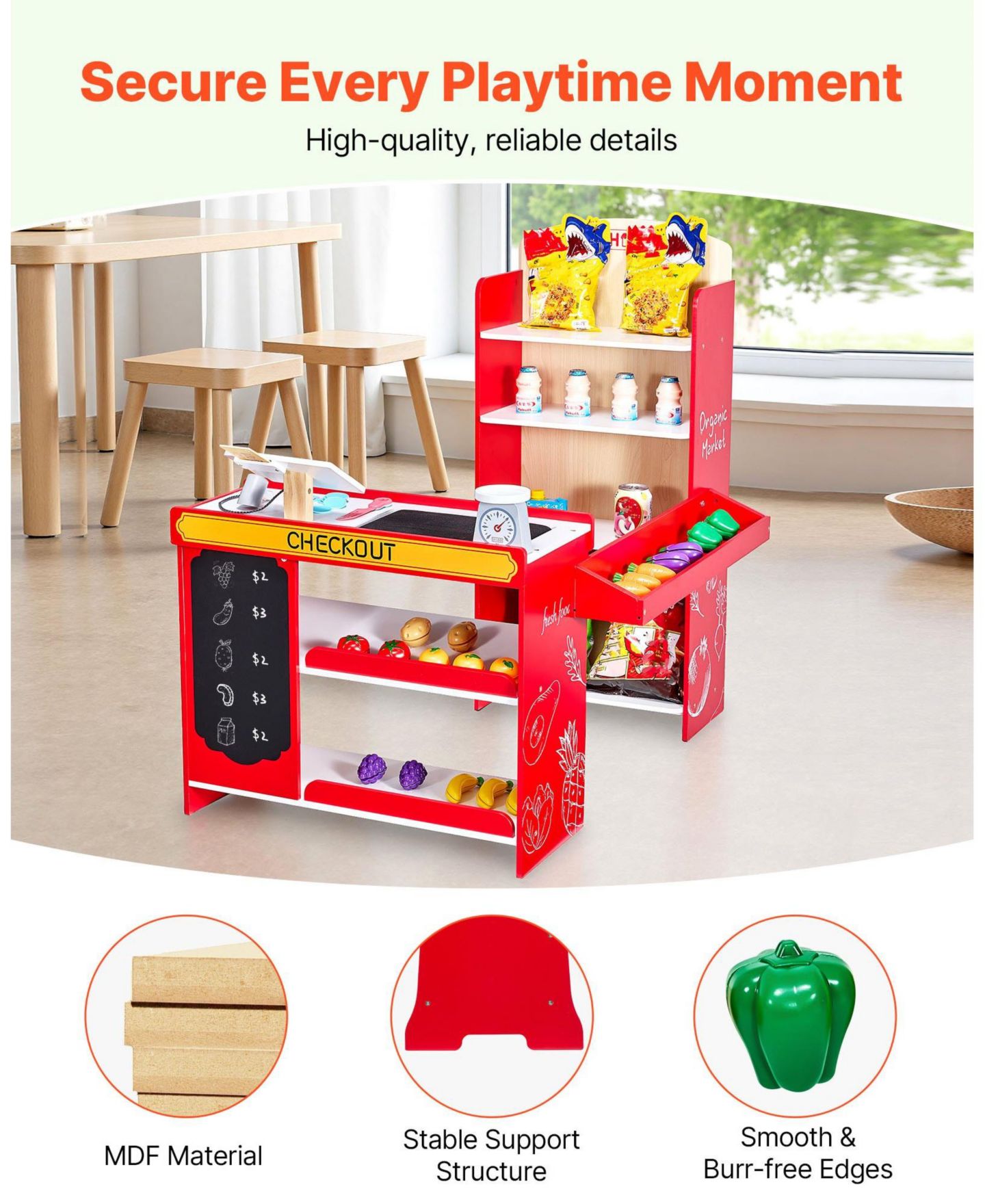 Детский игровой набор Mecale Grocery Store Wooden 35-Piece Playset with Working Conveyor Belt, Ages 3+, цвет: Красный — фото 7
