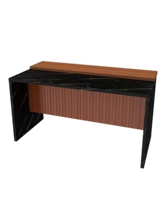 63-inch Modern Kitchen Island with Marble-Look Surface, LED Lights