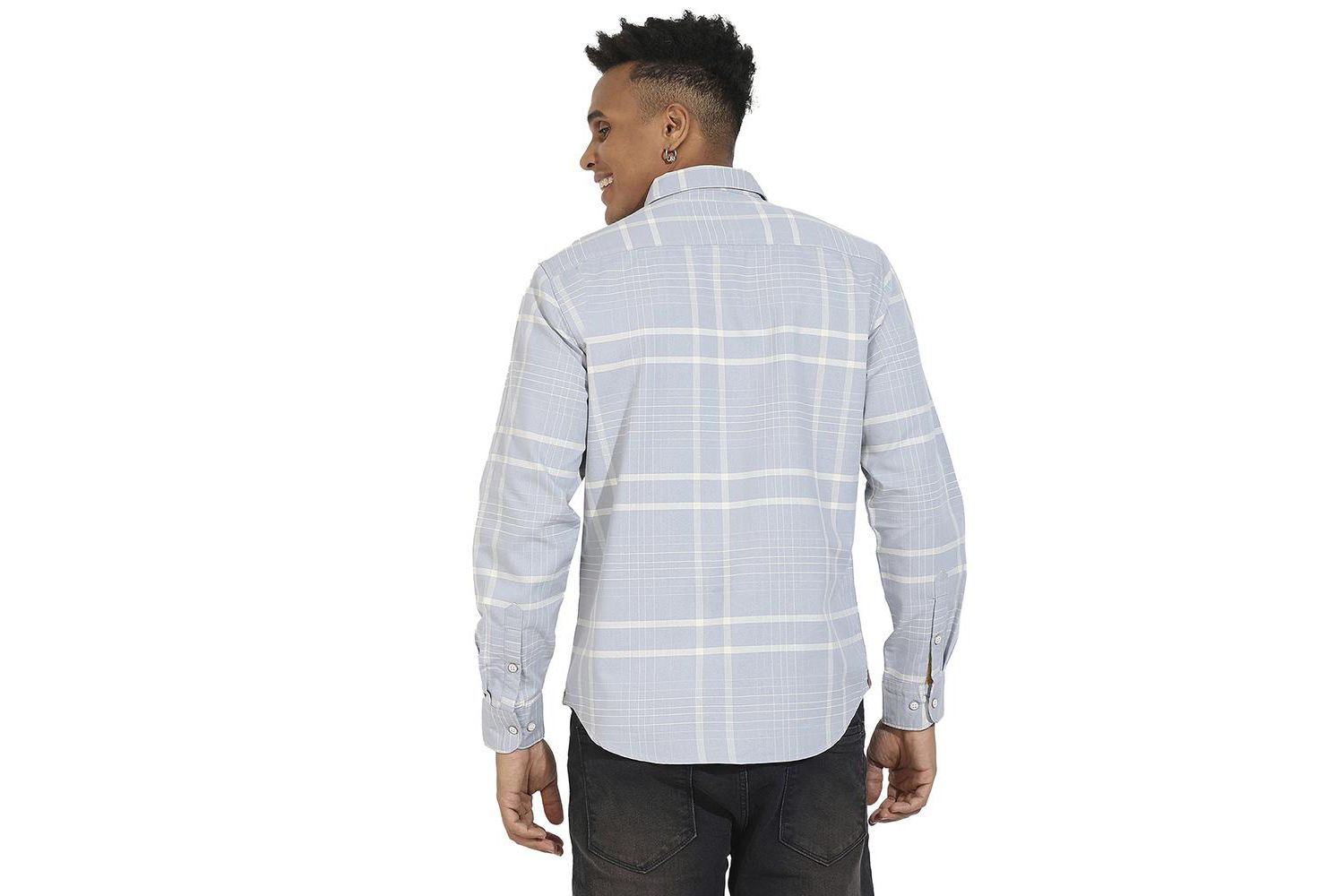 Men's Light Grey Contrast Tartan Plaid Shirt.