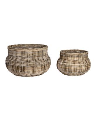 Round Hand-Woven Rattan Round Planters, Grey, Set of 2