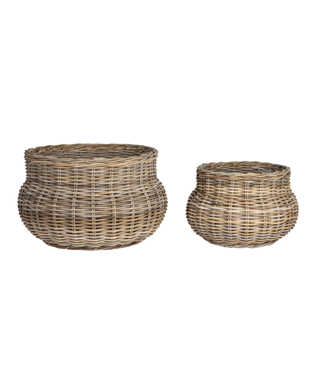 Storied Home Round Hand-Woven Rattan Round Planters, Grey, Set of 2