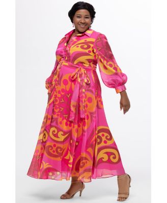 Women's Long Sleeve Abstract Button Down Dress