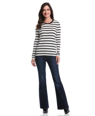 Petite Striped Print Embellished Neck Long Sleeve Top
