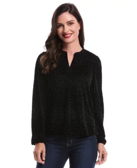 Petite Cheetah Print Split Neck Long-Sleeve Popover Top - Black
