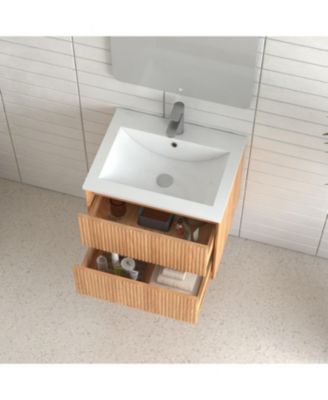 24&#39;&#39; Floating Bathroom Vanity Set, Wall Mounted Solid Wood Bathroom Cabinet with 2 Storage Drawers,White Resin Integrated Basin