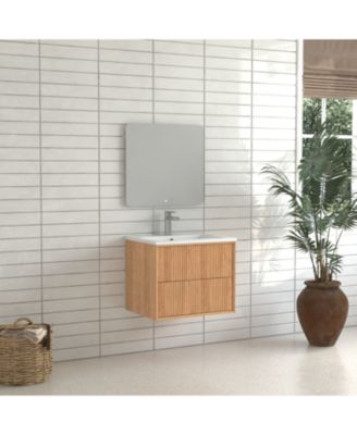 24&#39;&#39; Floating Bathroom Vanity Set, Wall Mounted Solid Wood Bathroom Cabinet with 2 Storage Drawers,White Resin Integrated Basin