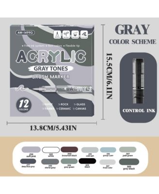12 Colors Gray Tones Art Markers, Soft Brush Pens Set Quick-Drying and Waterproof for Sketching, Canvas, Rock, Glass and DIY Crafts