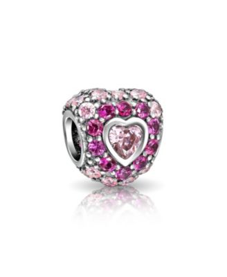 Set of 2 Hot Pink Fuchsia Cubic Zirconia CZ Pave Heart Charm Bead Sterling Silver European Bracelet