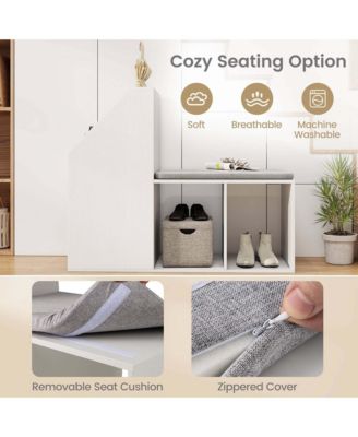 Shoe Storage Bench with Removable Seat Cushion 3 Side Storage Compartments