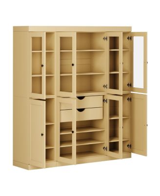 100% Solid Wood Pantry China Cabinet, Clear Glass & Shaker Doors, 2 Drawers, Adjustable Shelves, 65" Wide, 71.5" Tall