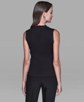 Women's Ruffled Collar Rib-Knit Sleeveless Top