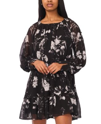 Petite Long-Sleeve Printed Short Shift Dress