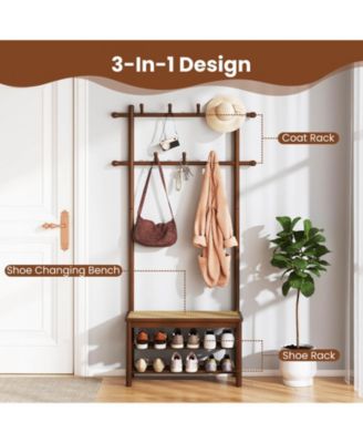 Bamboo Coat Rack with Bench Shoe Storage 2 Hanging Rods 11 Hanging Hooks Shelves