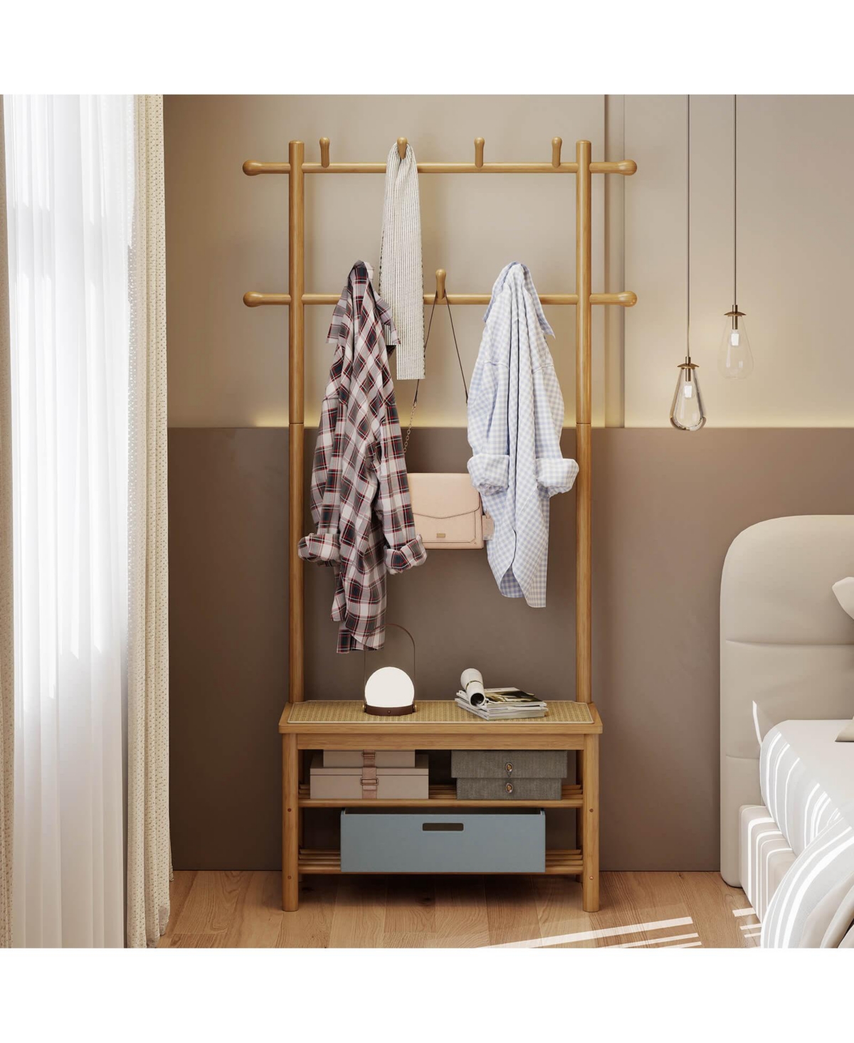 Costway Bamboo Coat Rack with Bench Shoe Storage 2 Hanging Rods 11 Hanging Hooks Shelves