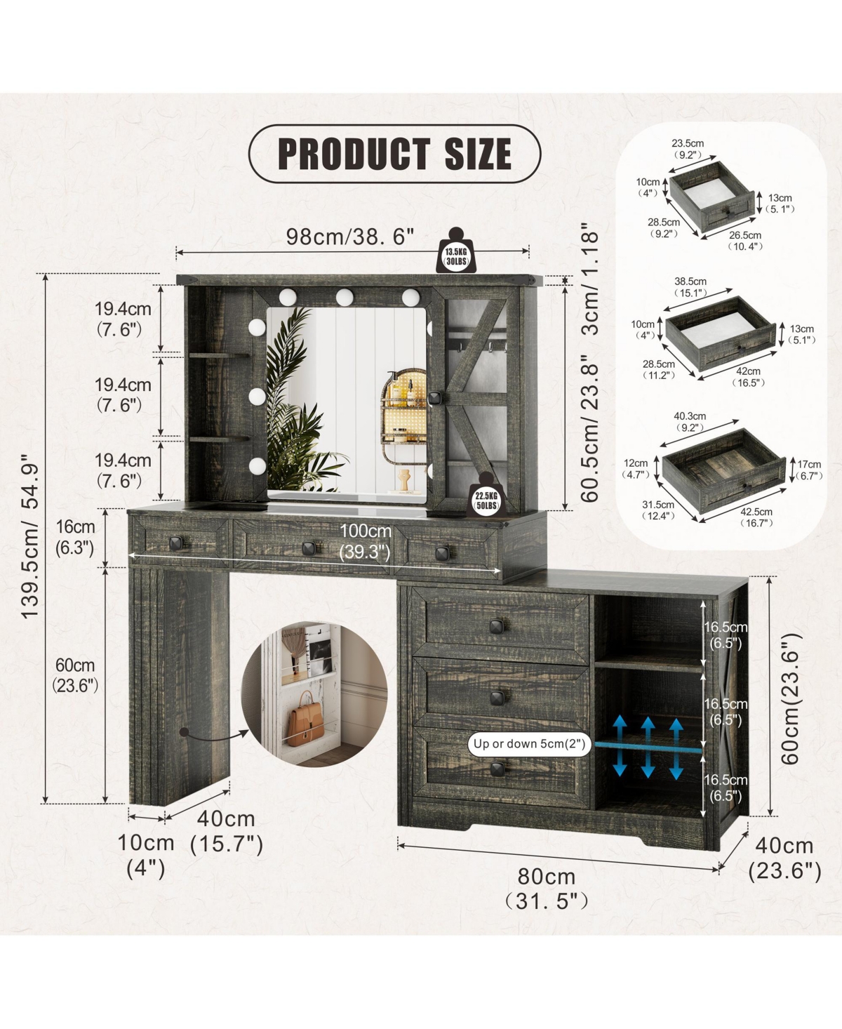 Vlsrka Vanity Makeup Desk with Mirror and Lights