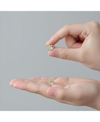 14K Gold Plated with White Mother Of Pearl & Clear Cubic Zirconia Paw Design Stud Earrings For Kids
