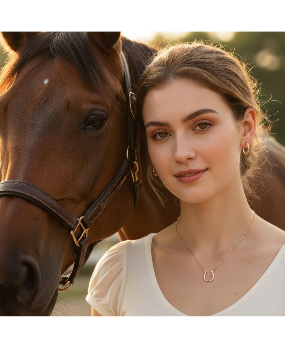 Bling Jewelry Equestrian Horseshoe Necklace and Snaffle Bit Hoop Earrings Jewelry Set Rose Gold Plated Sterling Silver