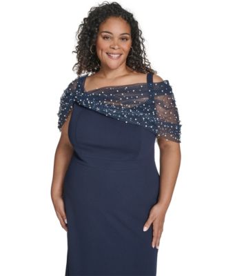 Plus Size Short-Sleeve Spaghetti Strap Beaded Twist Overlay Gown