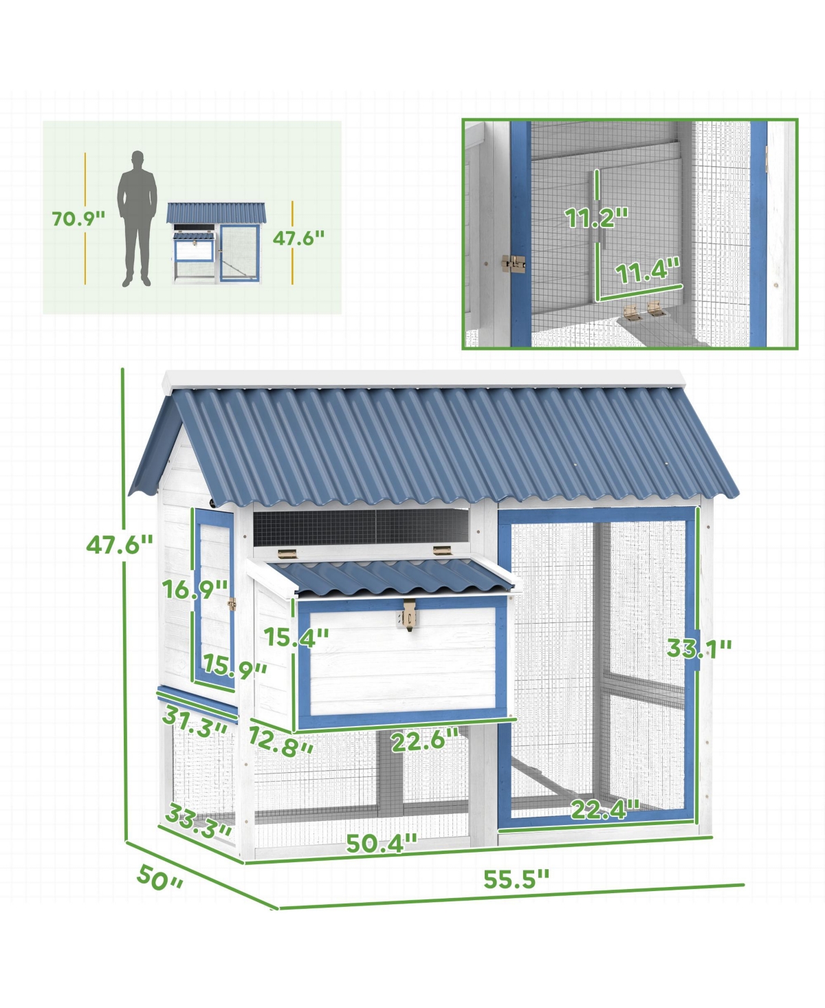 PawHut 55.5" Wooden Chicken Coop with Run Box, Nesting Box, Tray,