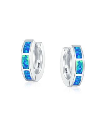 Set of 2 White & Blue Synthetic Opal Inlay Iridescent Huggie Hoop Earrings Sterling Silver
