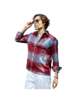 Men's Venetian Red & Coin Grey Vignette-Checkered Oversized Shirt