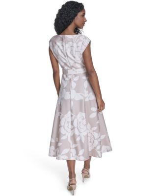 Women's Scuba Belted V-Neck Midi Dress