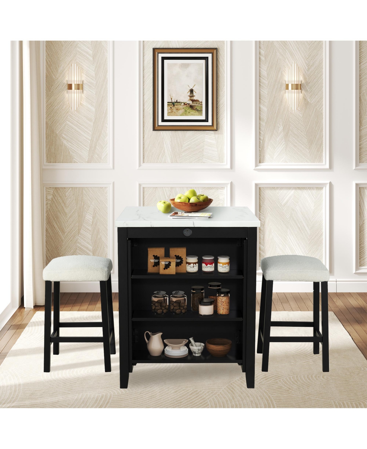 Clihome Transitional 3-Piece Dining Set with Gloss Tabletop, Storage Shelves, Usb Ports & 2 Upholstered Stools – Black/Ivory