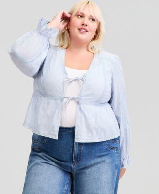 Trendy Plus Size Textured Tie-Front Cotton Top