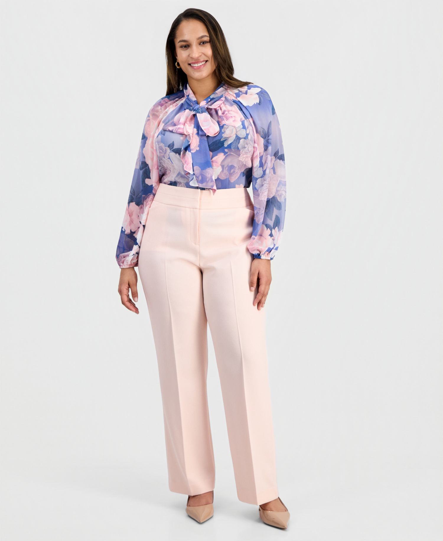ASL Plus Size Press-Pleat High-Rise Bell-Bottom Pants
