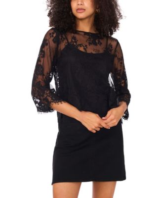 Women's Floral-Lace Scalloped-Hem 3/4-Sleeve Top